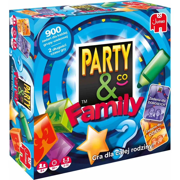Jumbo Party&Co - Brettspiel für die Familie, mit zwei Frageleveln für Kinder und Erwachsene, interaktive Herausforderungen und witzige Aufgaben