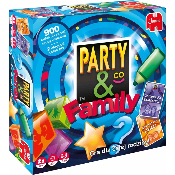 Jumbo Party&Co - Brettspiel für die Familie, mit zwei Frageleveln für Kinder und Erwachsene, interaktive Herausforderungen und witzige Aufgaben