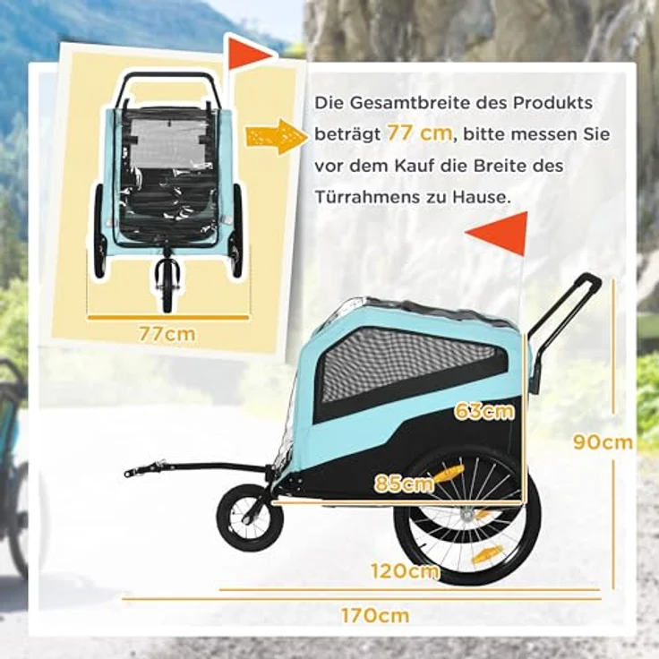 PawHut Fahrradhundeanhänger 2-in-1 Hundeanhänger, Hundebuggy, max. 30 kg, Hellblau, mit Reflektoren – Bild 5