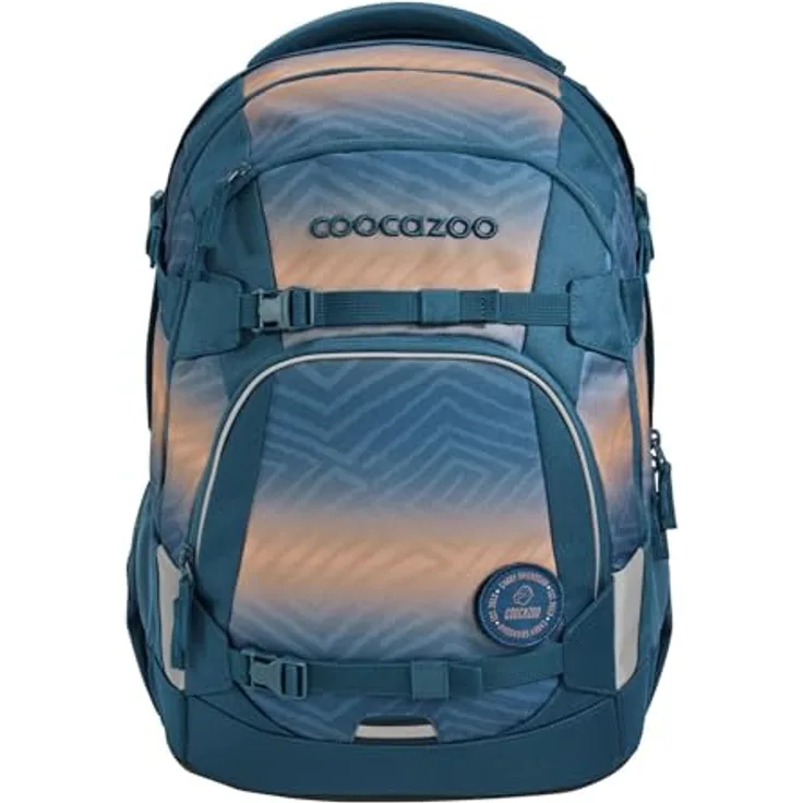 Coocazoo Schulrucksack Mate „Pacific Tribes” in blau-orange, ergonomisch & anpassbar, mit 30L Volumen & LED-Lichtbefestigung, ab 3. Klasse