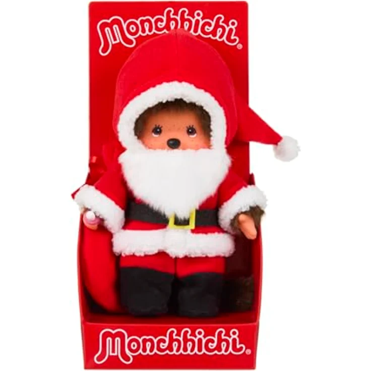 Monchhichi Plüschfigur Junge im Weihnachtsmann-Outfit, 20 cm Puppenfigur mit Nuckel und Beutel, braunes Fell – Bild 1
