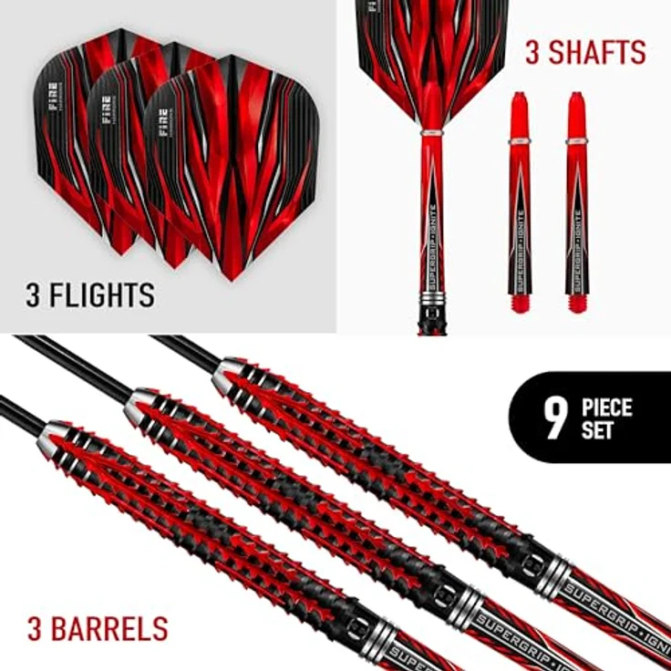 Harrows Fire Inferno 90% Tungsten Darts, Darts-Set mit Stahlspitze, verschiedene Gewichte 21g-26g, mit Supergrip Ignite Shafts und 100 Micron Fire Flights – Bild 2