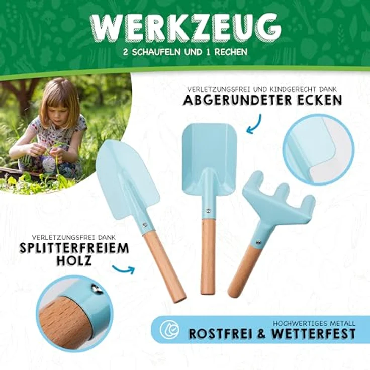 PHIBER-SPORTS Kinder Gartenwerkzeug Set (11 Teile) mit Kindergartenbuch, Metall Schaufel und Gießkanne, geeignet für Garten, Sand und Strand, ab 3 Jahre – Bild 2