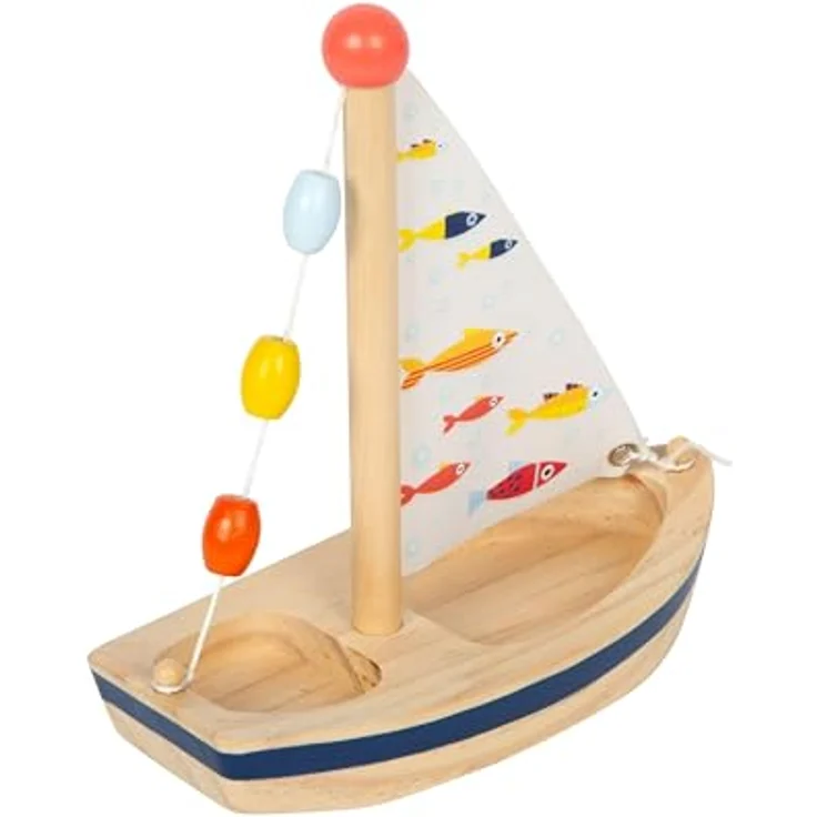 small foot GmbH & Co. KG Wasserspielzeug Segelboot Großer Ozean, Holzboot mit Fischmotiven, 17 x 8,5 x 19 cm, natur mit bunten Details – Bild 3