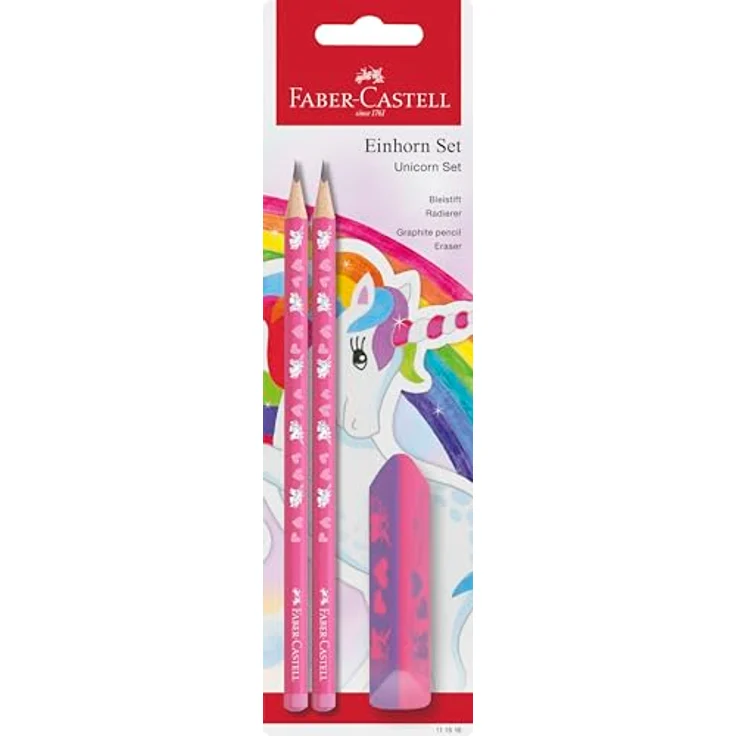 FABER-CASTELL 111516 Schreibset Einhorn, Schulset mit 2 HB Bleistiften und PVC-freiem Radiergummi für kreative Kinder – Bild 1