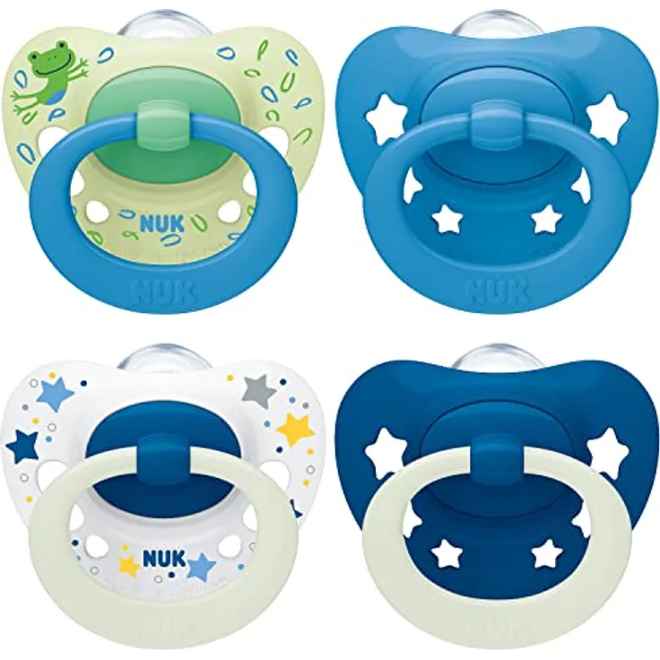 NUK Signature Day & Night Babyschnuller | 6-18 Monate | Beruhigt 95 % der Babys | BPA-freie Silikonschnuller in Herzform | Leuchtet im Dunkeln | Sterne | 4 Stück