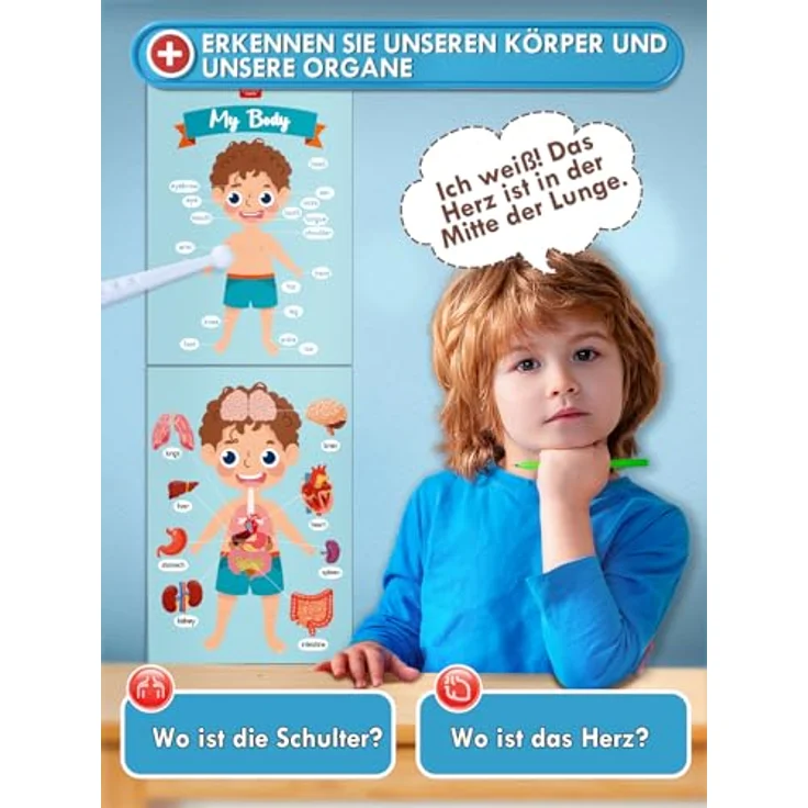 Lehoo Castle Arztkoffer für Kinder, 23-teiliges Doktorkoffer-Set mit Arztkittel, blau, Spielzeug ab 3 Jahre, inklusive Organpuzzle und Sehtest Zubehör – Bild 2