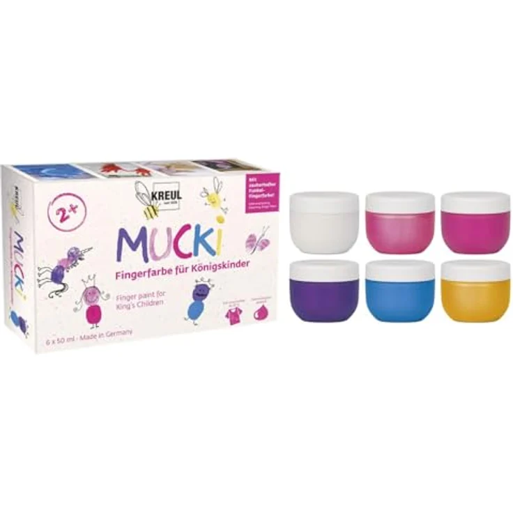 KREUL MUCKI Königskinder Fingerfarben, 6 x 50 ml in Weiß, Feenstaub-Rosa, Pink, Violett, Blau und Goldschatz – Bild 3