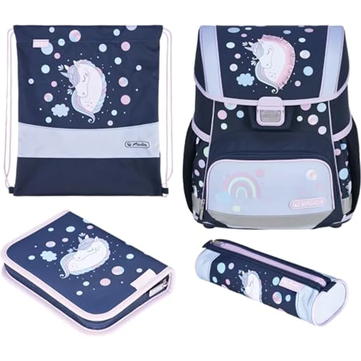 Herlitz Schulranzen Set Loop Plus 10-teilig, gefüllt, blau, für Mädchen, Modell Unicorn Dreams, geeignet für Klasse 1-4