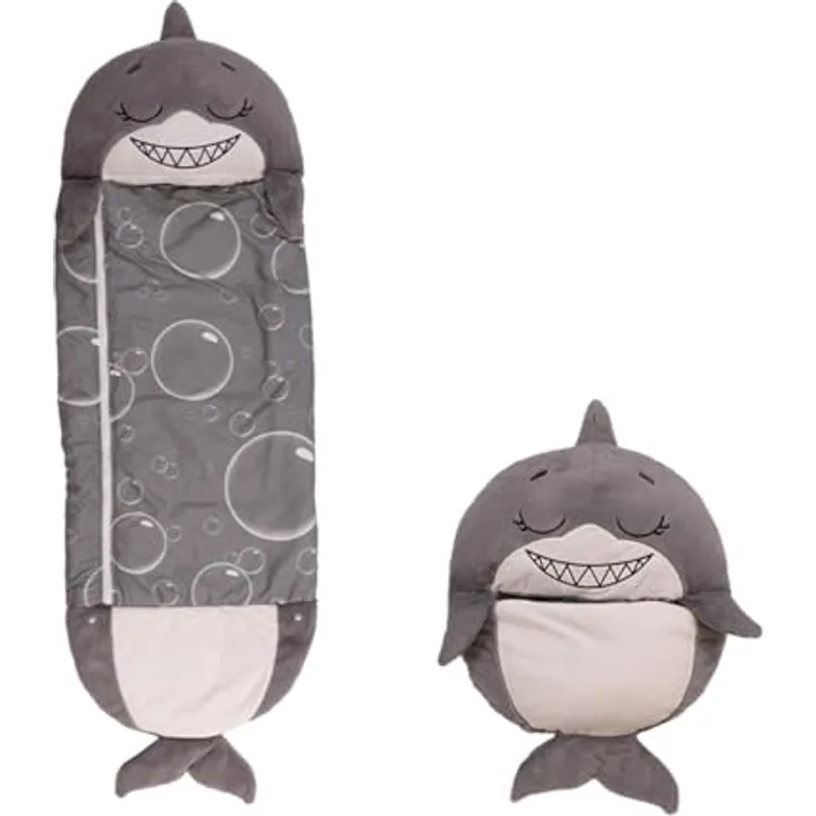 Happy Nappers Hai grau | Medium 3-6 Jahre | Spielen - kuscheln- schlafen | Flauschiger Kinderschlafsack | 4 Motive | 2 in 1 Kuscheltierschlafsack & Kissen für Mädchen und Jungen