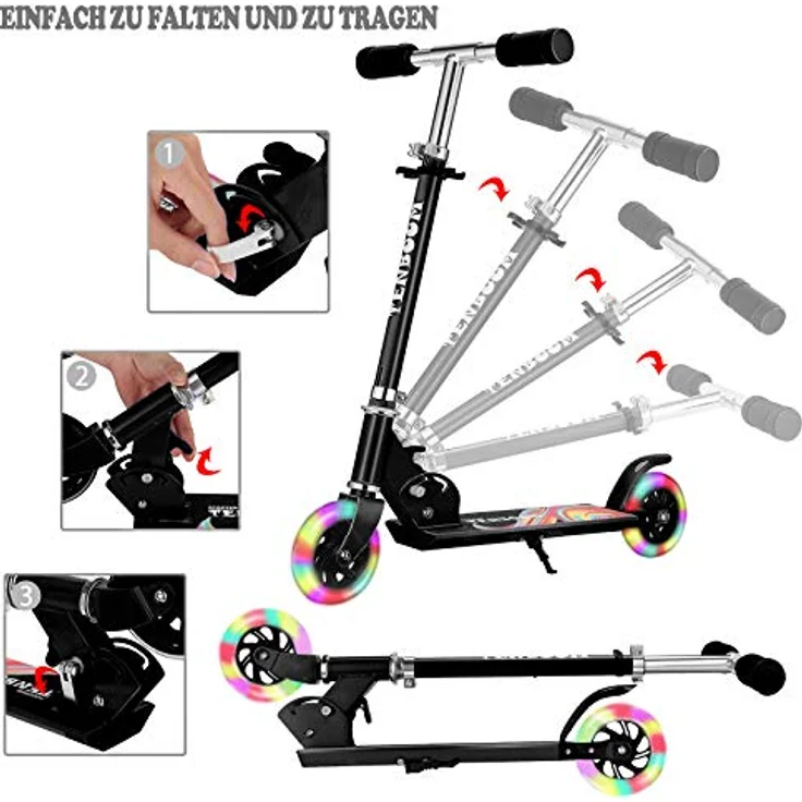 TENBOOM Kinder Scooter Tretroller mit 2 LED Leuchträdern, klappbar, höhenverstellbar, Hinterradbremse, für 3-10 Jahre, Aluminium, für Mädchen und Jungen – Bild 5