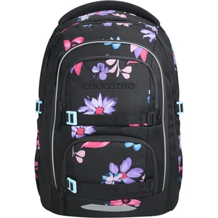 Coocazoo PORTER Schulrucksack „Floral Artnight”, schwarz-blau, ergonomisch, höhenverstellbar, mit Brustgurt & Hüftgurt, für 3. Klasse, 5 Fächer, reflektierend, nachhaltig