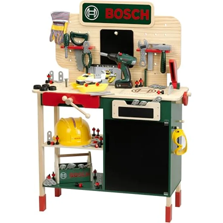 Klein Spielwerkbank BOSCH, Holzwerkbank mit Sound und Lernfunktion, höhenverstellbar, inkl. Bosch Akkuschrauber und Zubehör