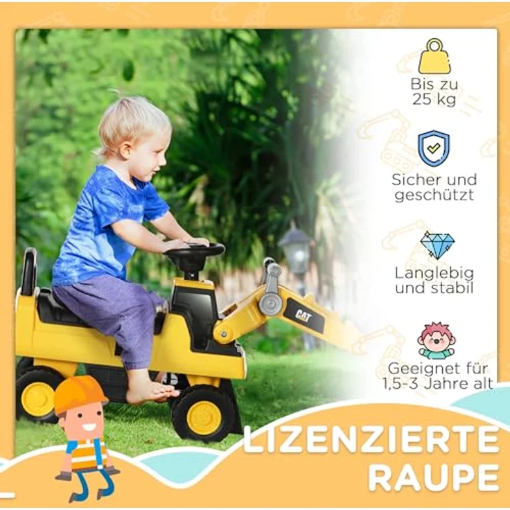 HOMCOM Sitzbagger, Rutscherfahrzeug mit Schaufel, Aufsitzbagger, Kinderbagger zum draufsitzen mit Hupe, Stauraum unter Sitz, Rutschauto für Kinder ab 12 Monaten, Gelb+Schwarz, 78 x 29,5 x 54 cm – Bild 4