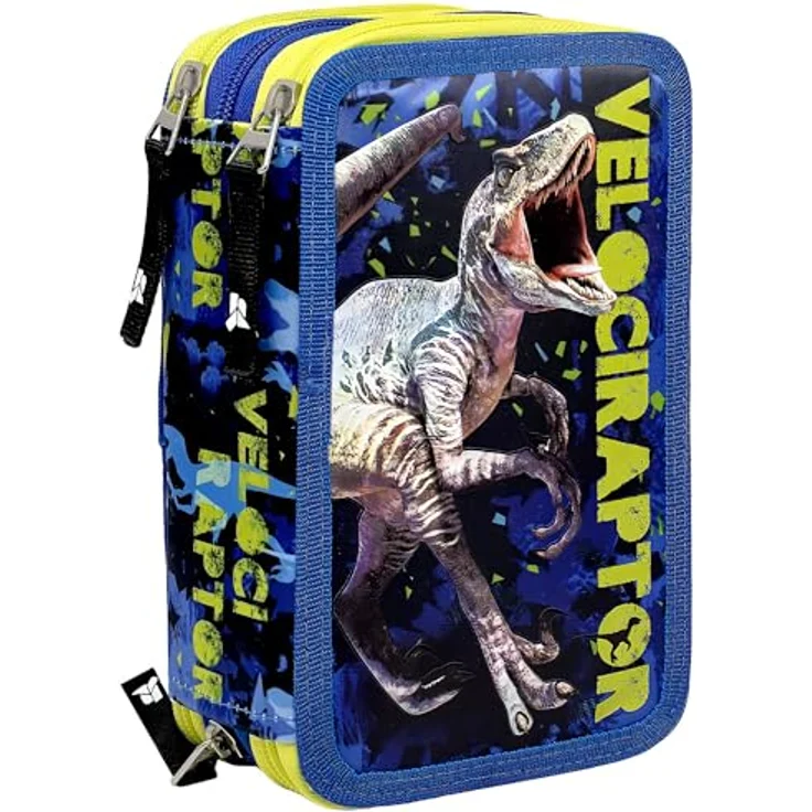 Julian Ross Velociraptor Federmäppchen, 3 Fächer, gefüllt mit 45 Teilen Schreibwaren für Kinder, 20 x 12 x 7 cm, inkl. Klebestift und Buntstiften – Bild 1