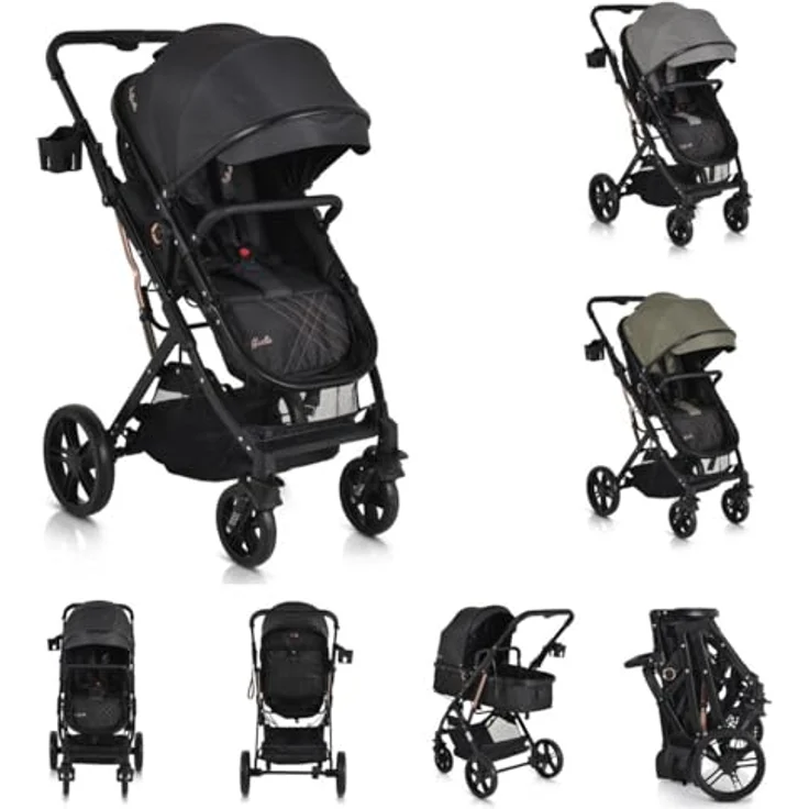 Moni Rafaello 2 in 1 Kombikinderwagen, Kinderwagen mit umbaubarer Tragetasche und Sportsitz, inklusive Fusssack und Moskitonetz, grau – Bild 1