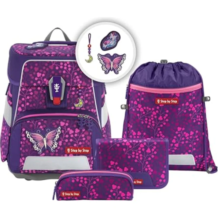 Step by Step Schulranzen-Set Space Shine Butterfly Night Ina, 5-teilig, lila, ergonomischer Tornister mit Reflektoren, höhenverstellbar mit Hüftgurt, 20l – Bild 1