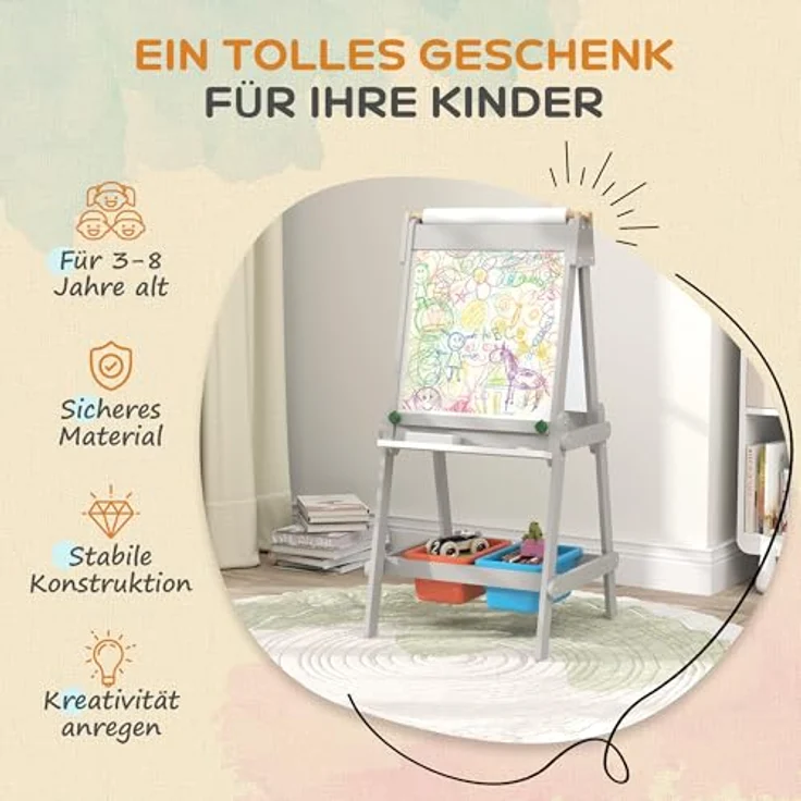 AIYAPLAY 3-in-1 Tafel, doppelseitige Kinder Staffelei mit Aufbewahrungsboxen, grau, für Kinder 3-8 Jahre – Bild 5