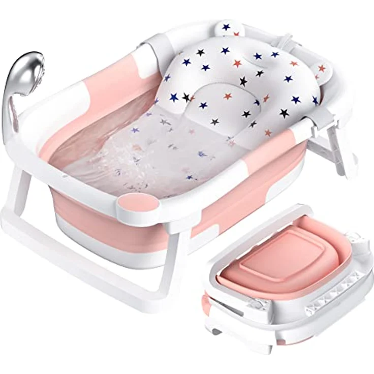 RABB 1ST Faltbare Babybadewanne, tragbare Babywanne mit rutschfester Matte und Abflussloch, Rosa, für Neugeborene und Kleinkinder – Bild 1