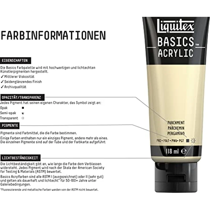 Liquitex Basics Acrylfarbe Pergament, 118ml Tube, lichtecht, mittlere Viskosität, seidenglänzend, monopigmentiert, Archivqualität – Bild 3