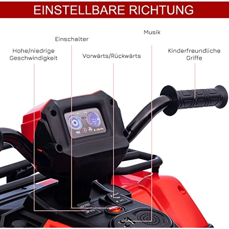 HOMCOM Elektro-Kinderquad max. 4 km/h, Kindermotorrad, LED und Musik, 25 kg Belastbarkeit, Schwarz+Rot – Bild 4