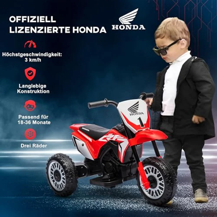 HOMCOM Elektro-Kindermotorrad dreirädriges Motorrad-Auto mit Hupe, Sound, 25 kg Belastbarkeit, (Rot) – Bild 3