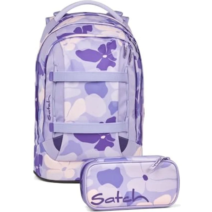 Satch pack Schulrucksack Set 2tlg. inkl. Schlamperbox mit 3D Soft-Mesh Rückensystem, Lilac Blossom, 30 Liter – Bild 1