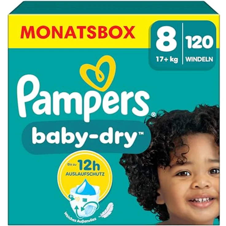 Pampers Baby Dry Windeln Gr. 8 Extra Large (17+ kg), Monatsbox, 120 St., mit 100% Auslaufschutz und Flexi-Seitenflügeln – Bild 1