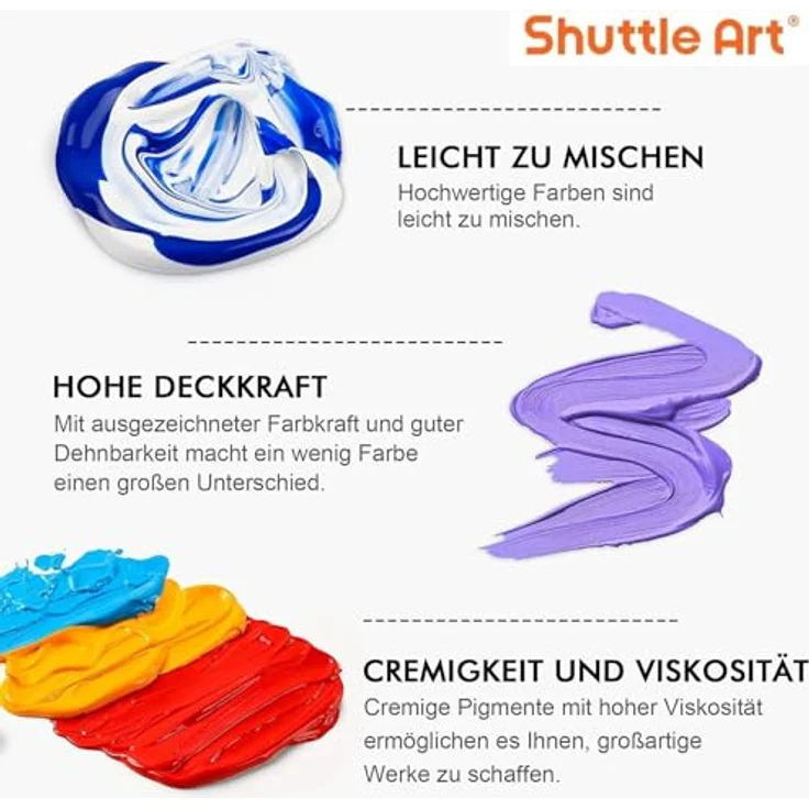 Shuttle Art Acrylfarben-Set, 25 Farben, 60 ml Flaschen, wasserfest mit 3 Pinseln & 1 Palette, hochpigmentiert für Künstler und Anfänger, geeignet für Leinwand, Holz, Keramik und Stoff – Bild 4