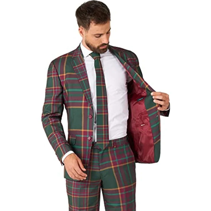 OppoSuits Mixed Mesh Anzug, rot-grün kariert im Tartan-Look, Slim Fit Design mit 4 Innentaschen und passender Krawatte, Größe 54 – Bild 6
