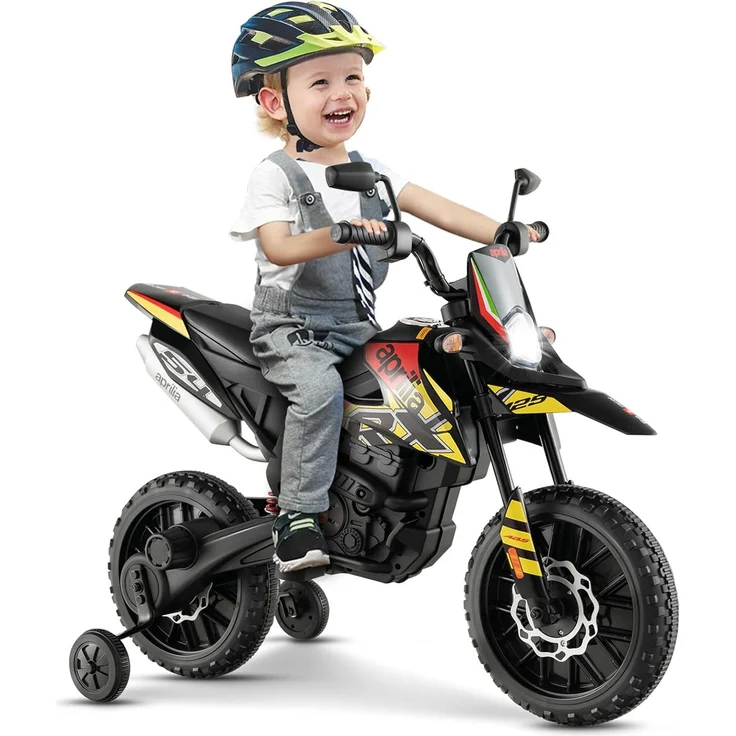 GOPLUS 12V Aprilia Elektro Motorrad, Kindermotorrad mit 2 Stützrädern, Doppelmotoren, Scheinwerfer und Musik, für Kinder von 3-8 Jahren, Gelb