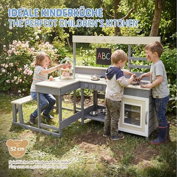 Joyz Kinderküche Kinderküche aus massivem Tannenholz, Spielküche mit Tisch, Sitzbank, wetterfestem Zubehör und herausnehmbarer Spüle, für drinnen und geschützten Außenbereich, ab 3 Jahren, in Grau, Beige und Lila – Bild 4