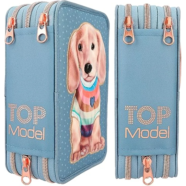 Depesche 12561 TOPModel City Girls - Gefüllte 3-Fach Federtasche mit Hunde Motiv, Federmäppchen mit Buntstiften, Lineal, Schere uvm. – Bild 2