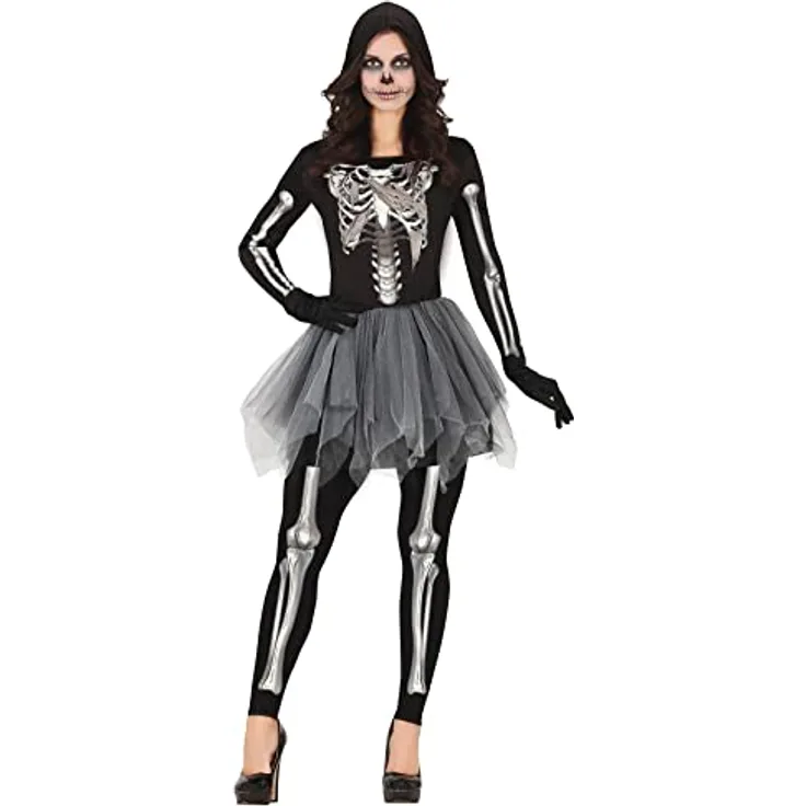 FIESTAS GUIRCA Tullrock Skelett Kostüm, 3D-Druck Kleid mit Kapuze und Leggings, Größe 36-38 M, Halloween Kostüm für Damen