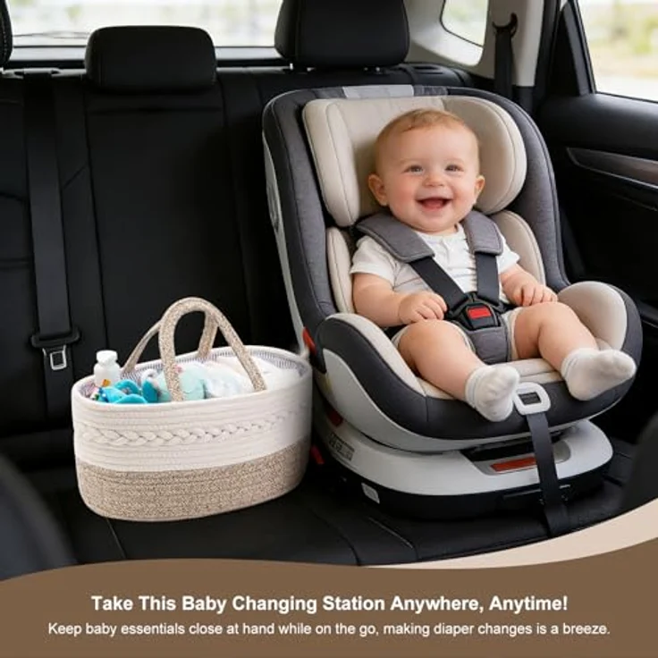 YeaYee Baby Windel Caddy Organizer, Multifunktionale Aufbewahrungsbox aus 100% Baumwoll-Leinen, tragbarer Organizer mit wechselbaren Fächern, 36,1 x 22,1 x 18 cm, für Windeln und Babybedarf – Bild 4
