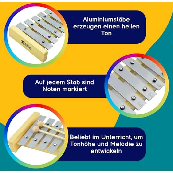 A-Star 13-Noten-Sopran-Glockenspiel-Xylophon mit silbernen Tasten, 2 Oktaven G5 bis E6, inklusive zwei Holzschlägel – Bild 2