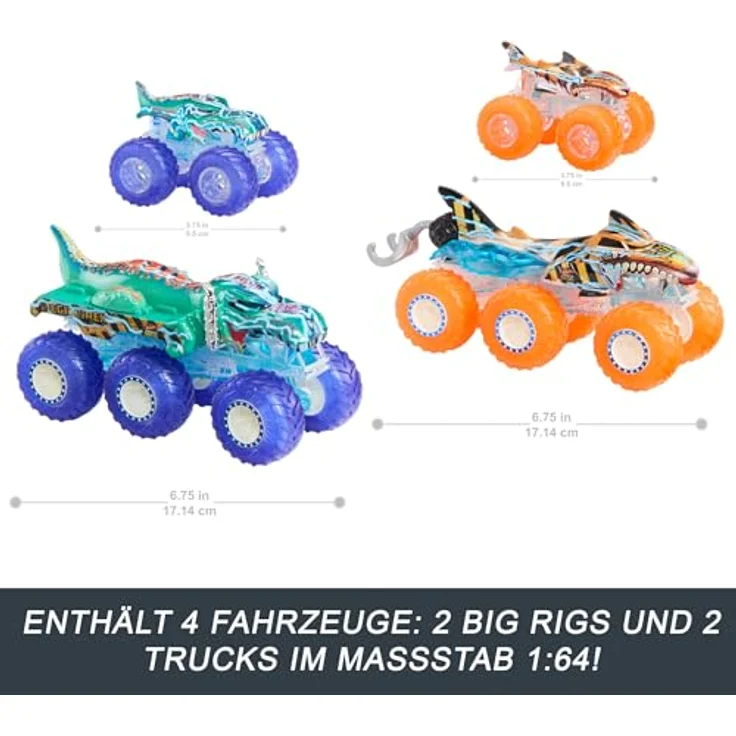Mattel Power Smashers Truck & Big Rig Multipack, 1:64 Spielzeugautos mit Tiger Shark und Mega-Wrex, leuchtendes Design – Bild 3