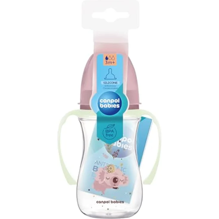 Canpol babies EasyStart Anti-Kolik-Flasche 240 ml mit Sauger 3+m - Kollektion Sleepy Koala - mit leuchtenden Griffen - Rosa – Bild 2
