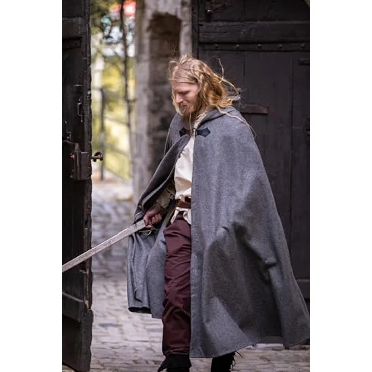 Leonardo Carbone® Unisex Mittelalter Wollumhang mit Wolfsschließe Tjark in Grau - Hochwertiger Umhang aus schwerem Wollgemisch, perfekt für Mittelalter, LARP, Cosplay, Halloween & Karneval – Bild 2