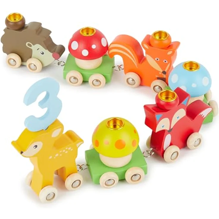Bieco Holz Geburtstagszug Waldtiere mit Zahlen 0-9 Jahre | 17 tlg, Länge ca. 59 cm | Kerzen Geburtstagszug | Holz Eisenbahn Kinder Geburtstagszug Holz | Geburtstagskerzen Zahlen | Holz-Zug – Bild 2