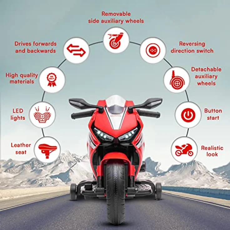 Beneo Kinder-Elektromotorrad HONDA CBR 1000RR, lizenziert, 12V-Batterie, Kunstledersitz, Kunststoffräder, 30W-Motor, LED-Beleuchtung, solider Rahmen, Hilfsräder, rot – Bild 6