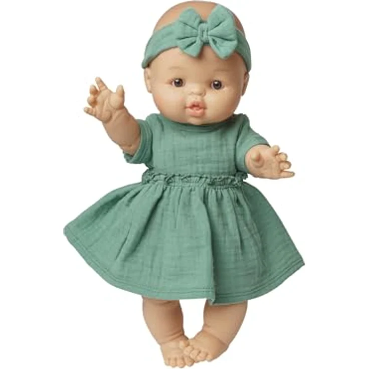 Heless 1424 - Puppenkleidung aus 100% Bio-Baumwolle, 2-teiliges Set mit Kleid und Haarband in Salbeigrün – Bild 2
