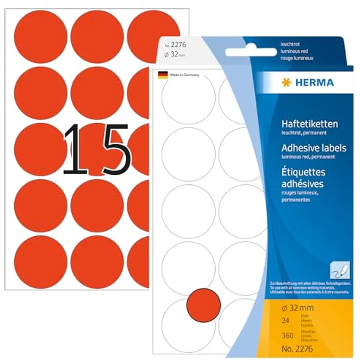 HERMA 2276 Punktaufkleber Klebepunkte leuchtrot, 24 Blatt, Ø 32 mm, 15 pro Bogen, 360 Aufkleber, selbstklebend, Markierungspunkte zum Beschriften, runde Farbpunkte aus Papier, blanko – Bild 1