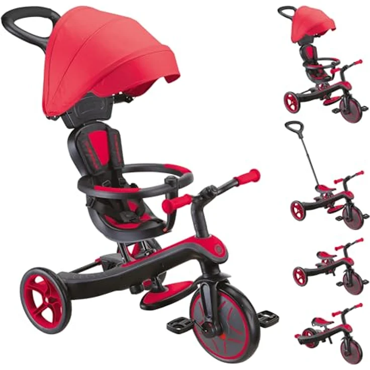Globber Explorer Trike 4in1 Pro in Rot – Kinderfahrzeug mit höhenverstellbarem TPR-Sitz, Dreirad, Laufrad und Kinderwagen in 10/8,5 Zoll – Bild 1
