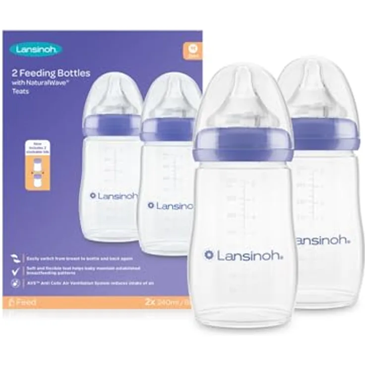 Lansinoh Anti-Kolik-Babyflasche, 2 Stück, 240 ml, NaturalWave® Sauger zur Reduzierung von Brustwarzenverwirrung, BPA- und BPS-frei, mit stapelbarem Deckel für Kühlschrank und Gefrierschrank