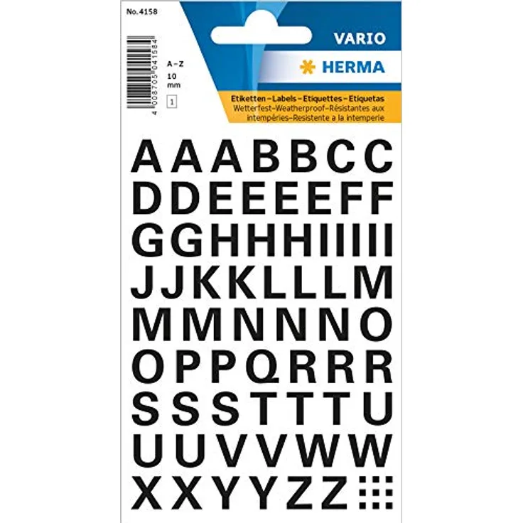 HERMA 4158 Buchstaben Aufkleber schwarz, Schriftgröße 10 mm, 74 Stück, selbstklebend, wetterfest, klein, Alphanet Sticker Klebebuchstaben A-Z aus Folie zum Aufkleben, transparent
