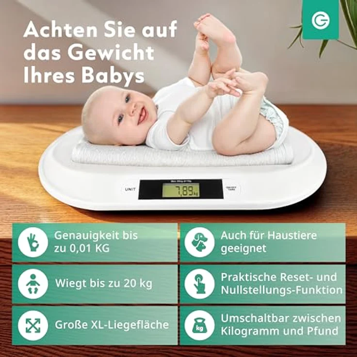 Silvergear® Babywaage, Digitale Kinderwaage bis 20 kg mit LED Anzeige, 54,5 x 31,5 x 3,5 cm, weiß – Bild 2