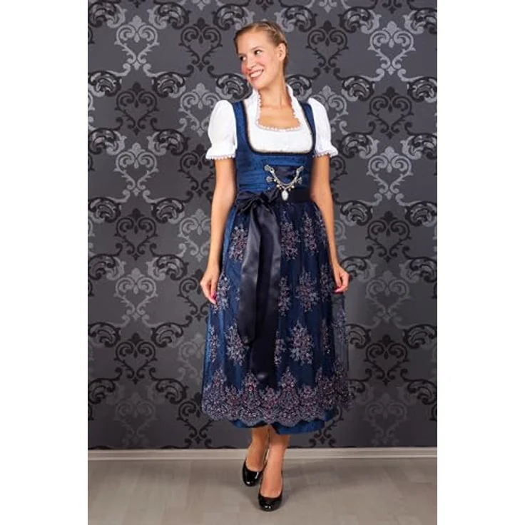 Edelnice Dirndl Josepha, Dirndlkleid mit edlen Paspeln und Charivari, blau – Bild 3
