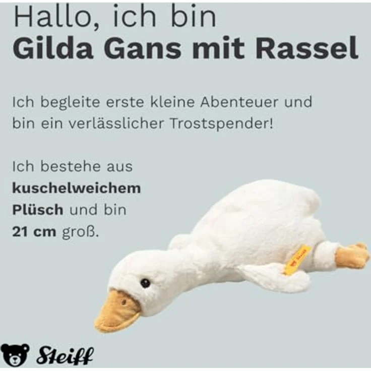 Steiff Gilda Gans Kuscheltier mit Rassel, 21 cm, weiß, für Babys ab 0 Monaten, weich & kuschelig, handgefertigt, Spielkamerad – Bild 2