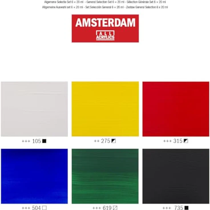 Amsterdam Standard Series Acrylfarben Set, 6 x 20 ml Tuben mit Titanweiß, Primärgelb, Pyrrolrot, Ultramarin, Permanentgrün dunkel, Oxidschwarz, lichtbeständige Farben mit seidenmattem Finish – Bild 4